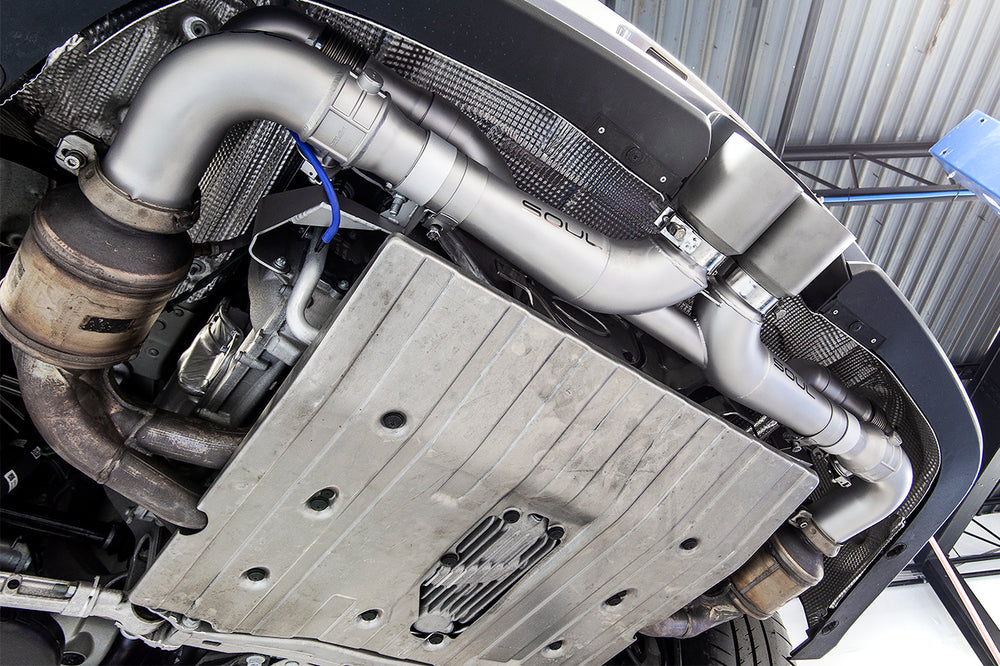 SOUL 14-19 Porsche 991 GT3 Center Muffler Bypass Exhaust - 4in Slash Cut Signature Satin Tips